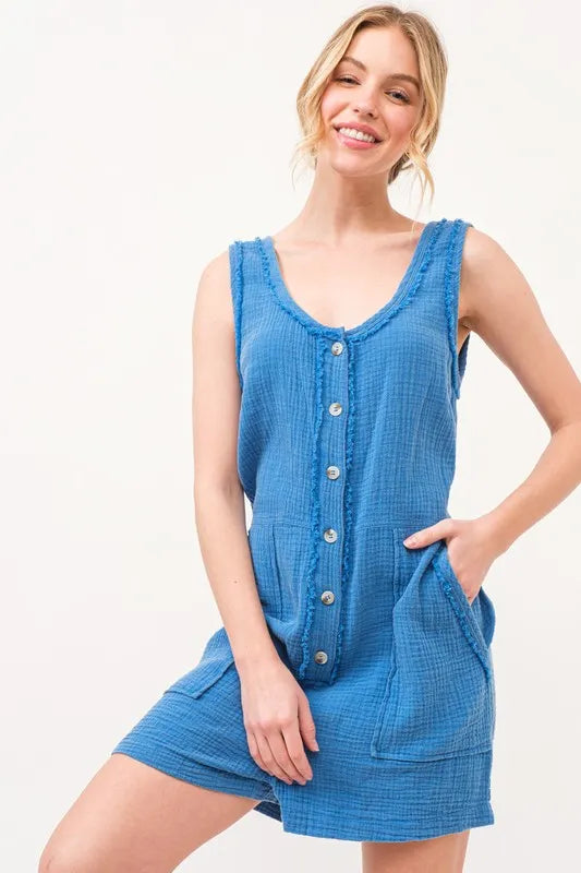 Washed Gauze Front Button Down Romper