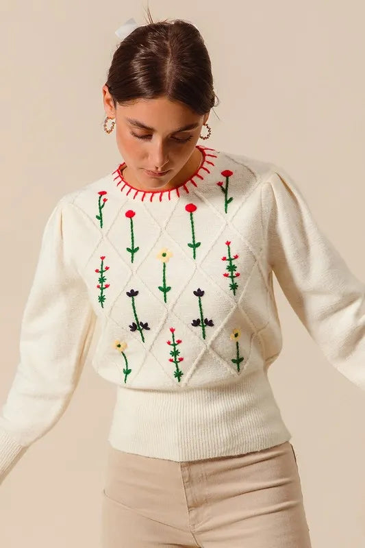 Small Flower Embroidered Sweater Top