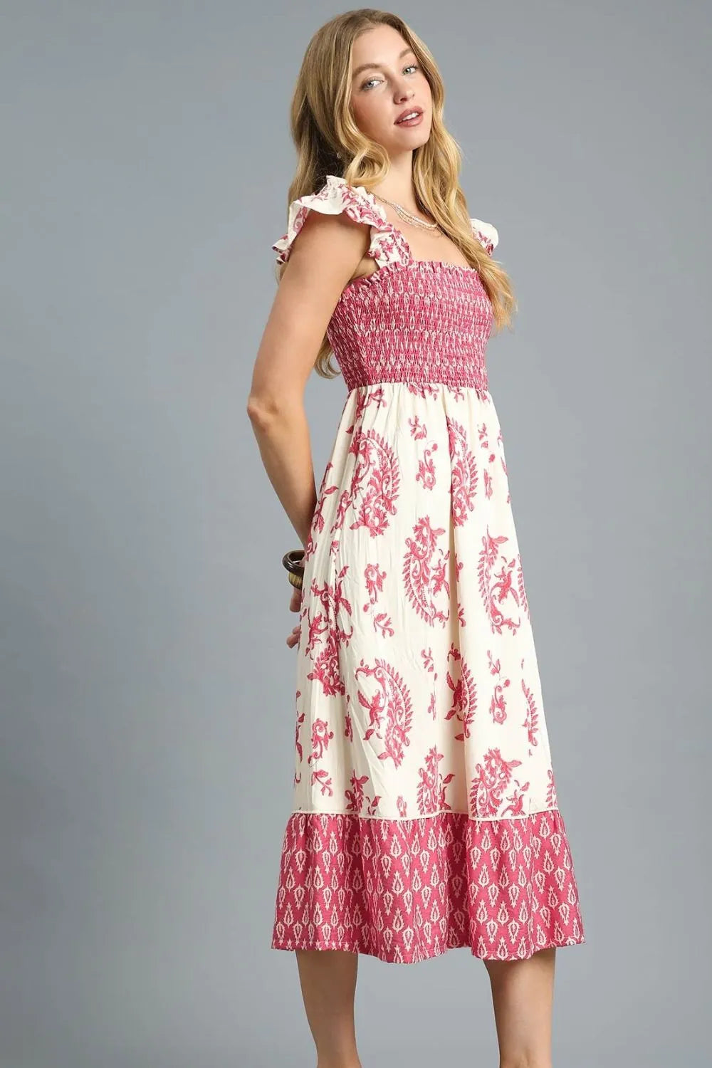 Floral Smocked Midi Dress with Ruffle Accents