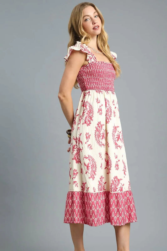 Floral Smocked Midi Dress with Ruffle Accents