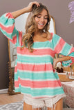 Stripe Printed Bubble Woven Balloon Sleeves Top