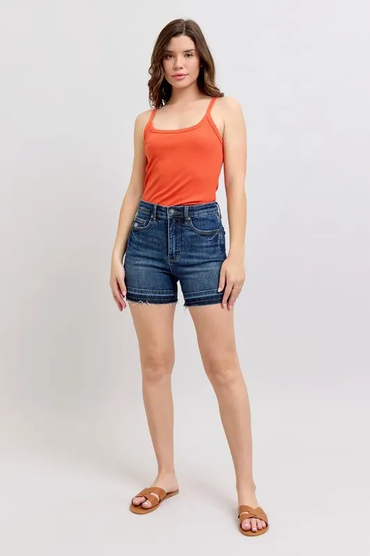 High Waist Tummy Control Destroy Release Hem Denim Shorts