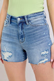 Full Size High Waist Denim Shorts W/stitch Over Destroy Detail