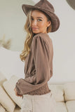 Smoking Waist Band and Puff Sleeves Deep V Neck Top