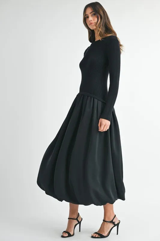 Ribbed Poplin Mix Midi Sweater Dress