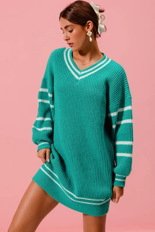 Loose V Neck Sweater Dress with Striped Sleeves