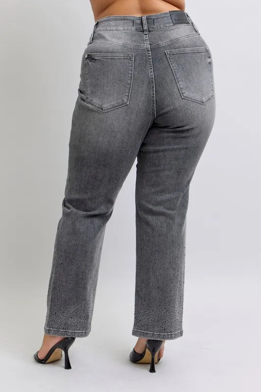 Full Size High Waist Rhinestone Straight Jeans Plus Size