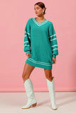 Loose V Neck Sweater Dress with Striped Sleeves