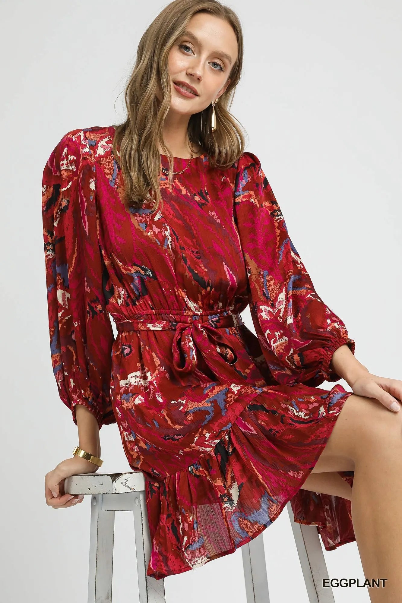 Botanical Balloon Sleeve Ruffle Hem Dress