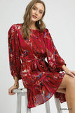 Botanical Balloon Sleeve Ruffle Hem Dress