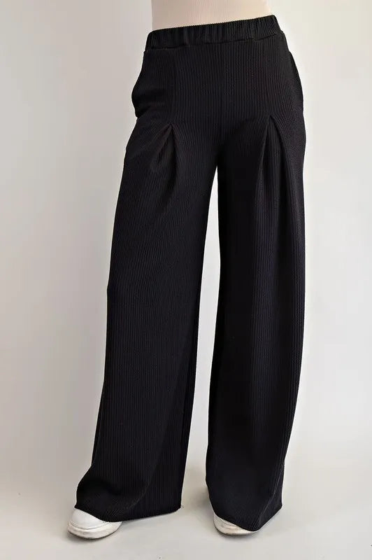Full Size Ribbed Wide-Leg Pants with Pockets Plus Size