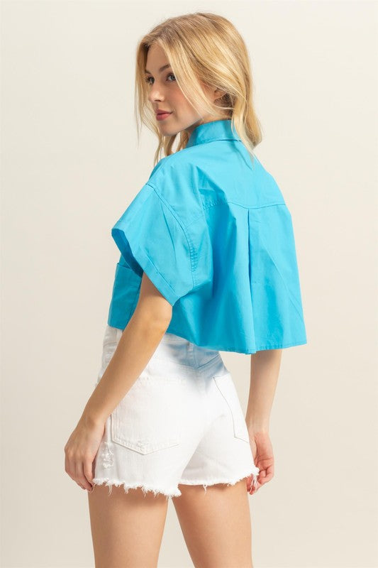 Collared Neck Short Sleeve Crop Shirt