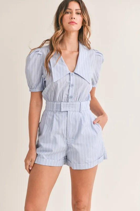 Striped Puff Sleeve Collared Neck Romper