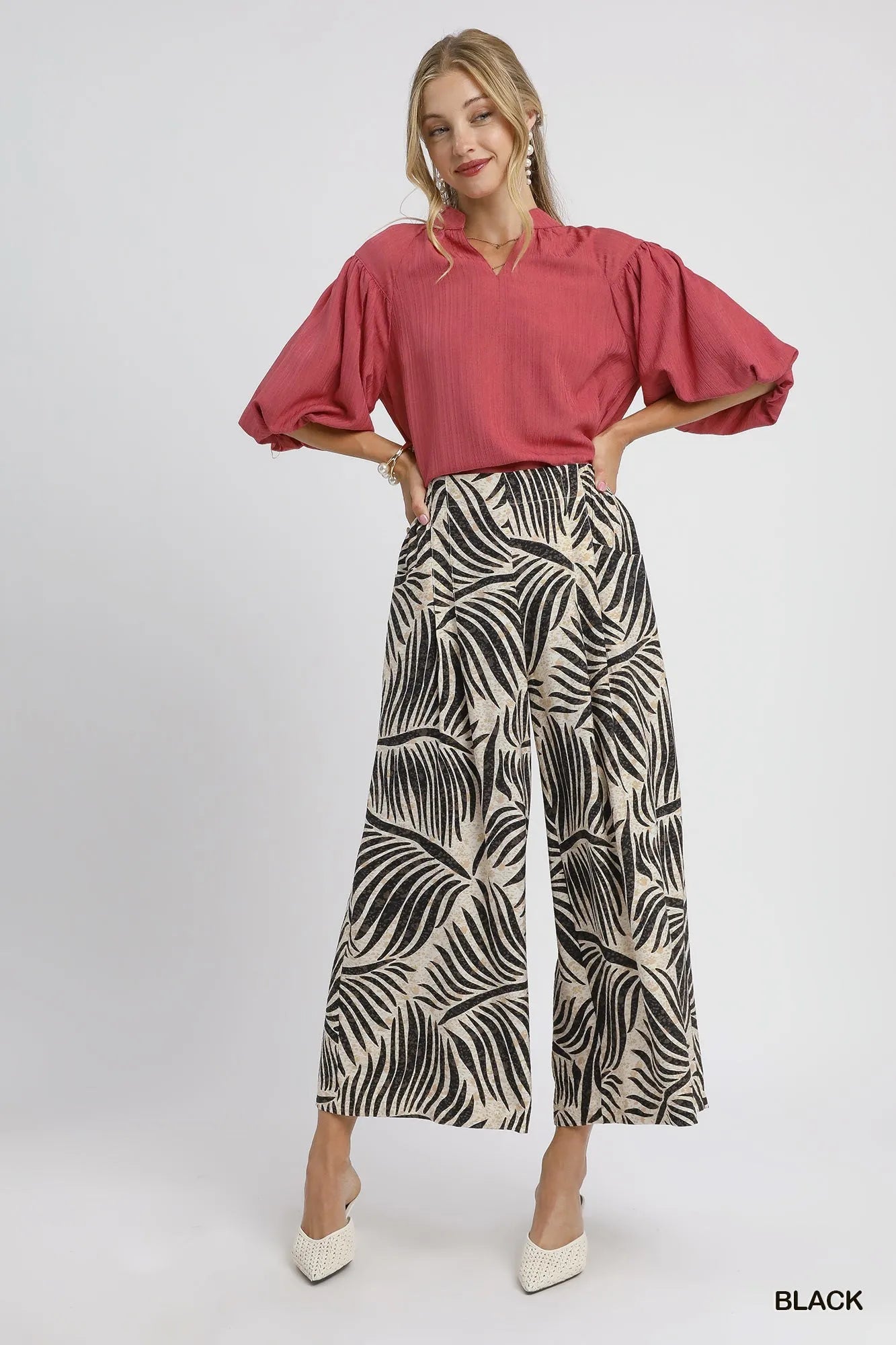 Tropical Palm Print Wide-Leg Culotte Pants