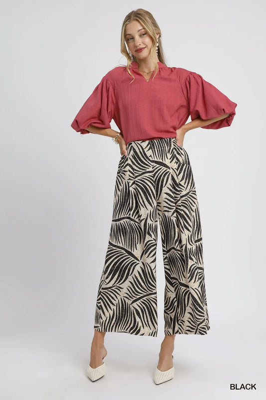 Tropical Palm Print Wide-Leg Culotte Pants