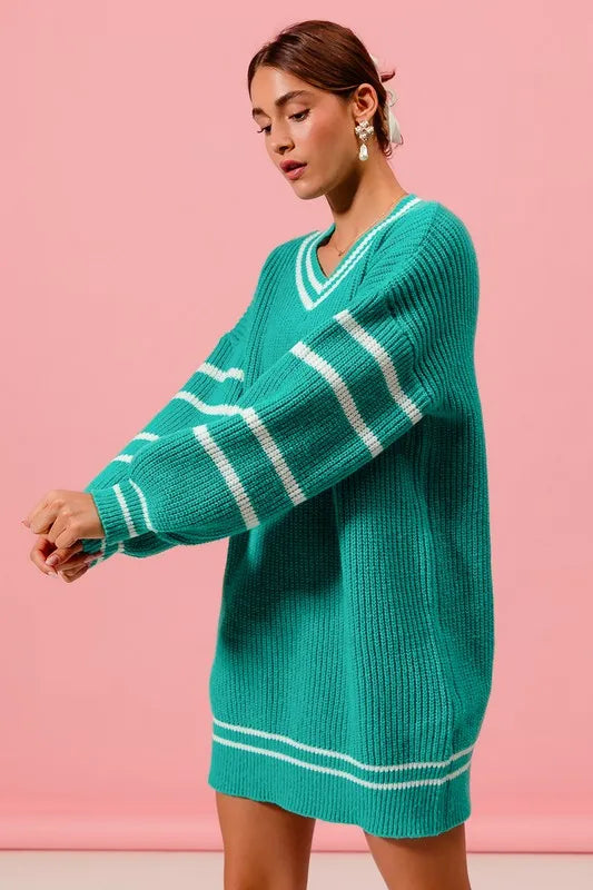 Loose V Neck Sweater Dress with Striped Sleeves