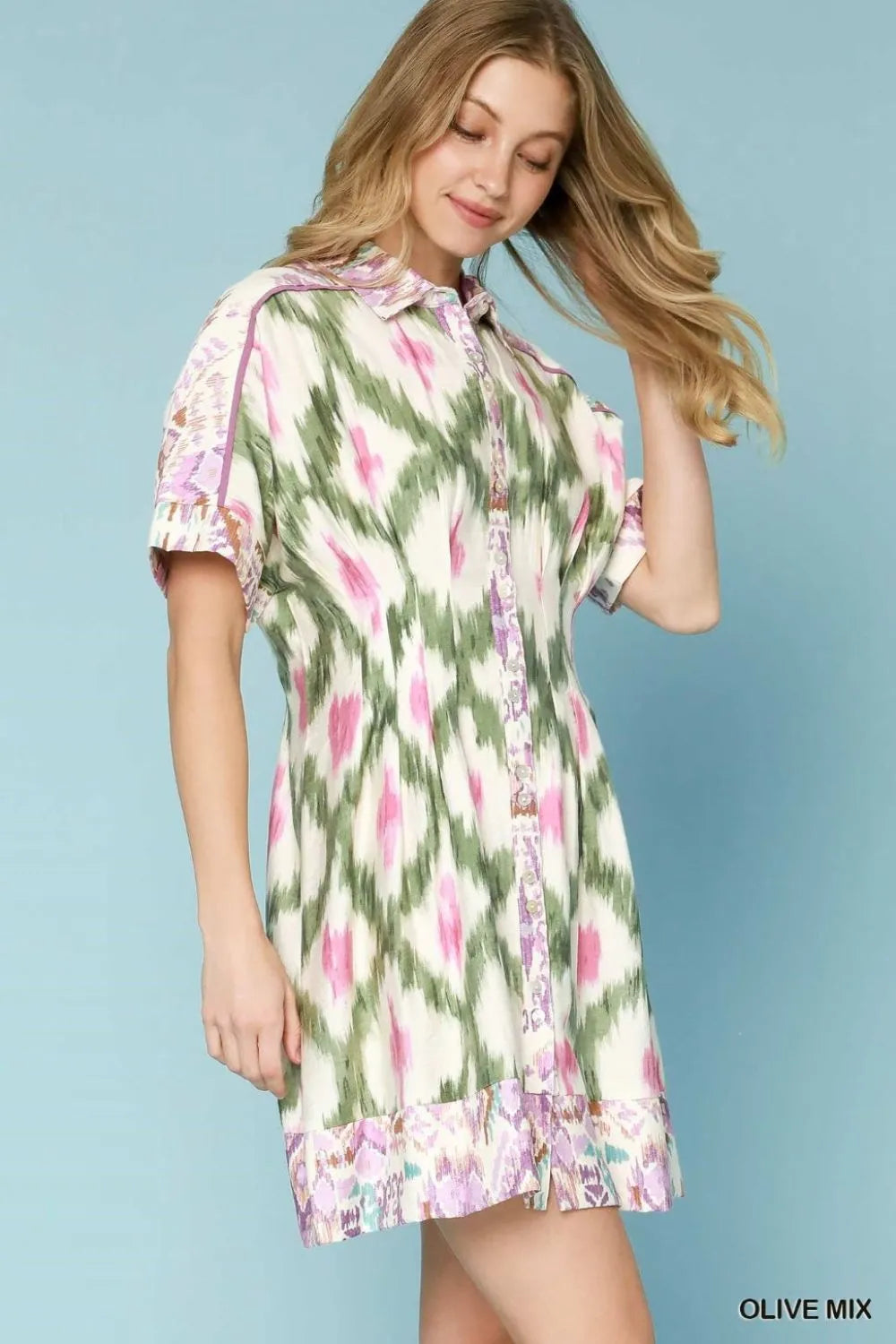 Vibrant Pattern Short Sleeve Mini Shirt Dress