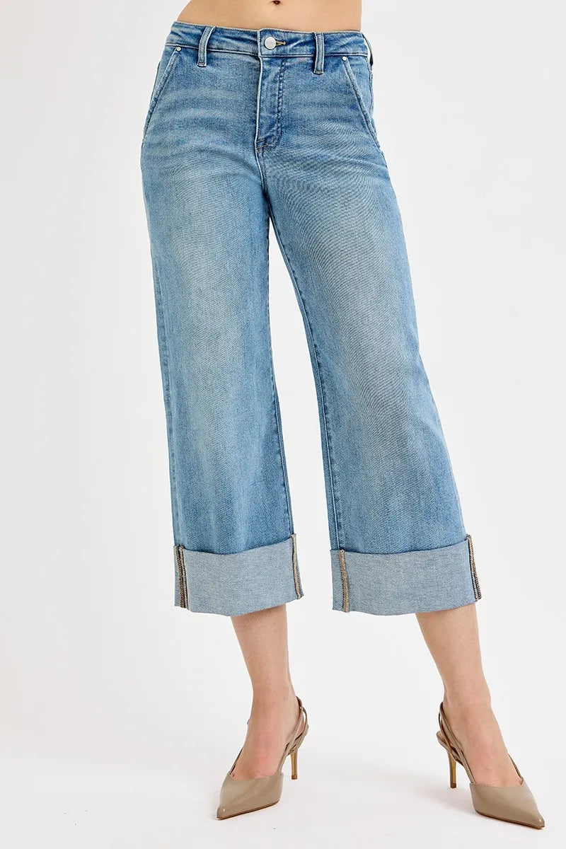 Full Size High Waist Ankle Wide Cuffed Tummy Control Jeans