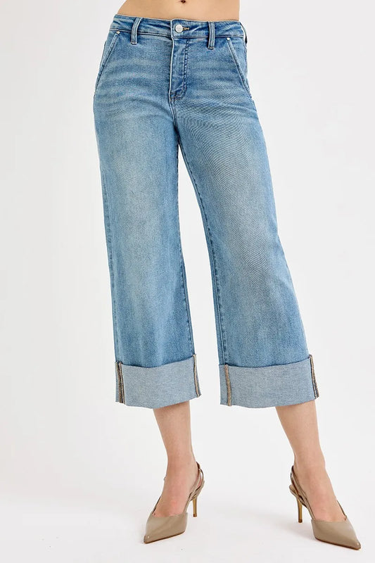 Full Size High Waist Ankle Wide Cuffed Tummy Control Jeans