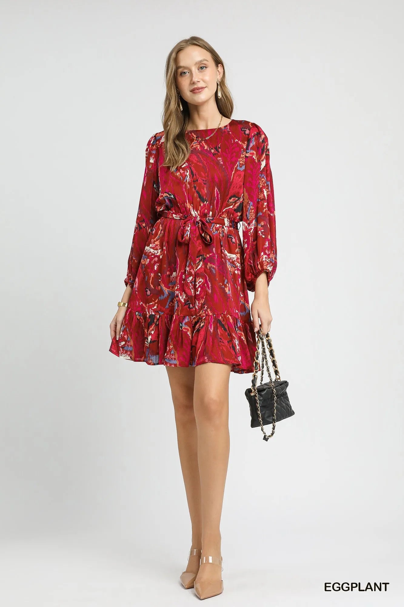 Botanical Balloon Sleeve Ruffle Hem Dress