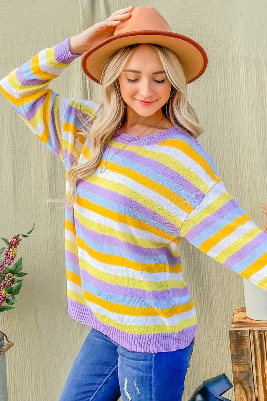 Multi Striped Mesh Pullover Spring Sweater