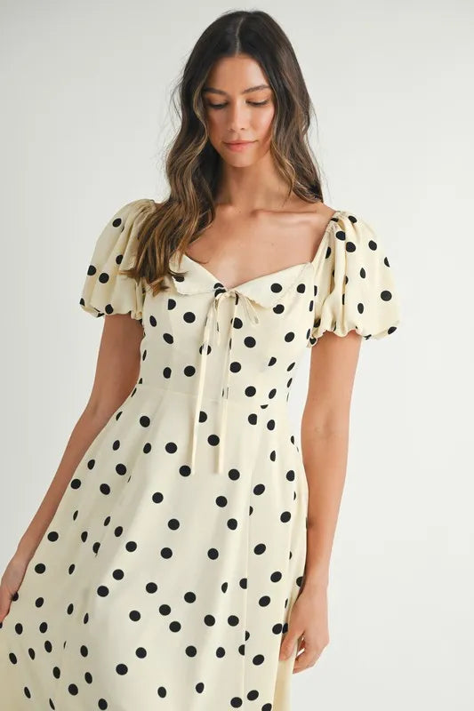 Polka Dot Puff Sleeve Midi Dress
