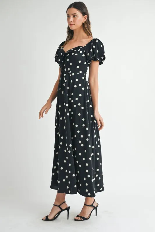 Polka Dot Puff Sleeve Midi Dress