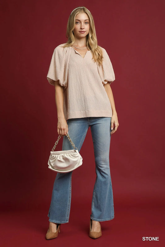 Textured V-Neck Puff Sleeve Blouse
