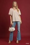 Textured V-Neck Puff Sleeve Blouse