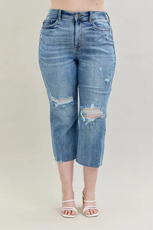 Full Size High Waist Destroy Crop Wide Leg Jeans Plus Size