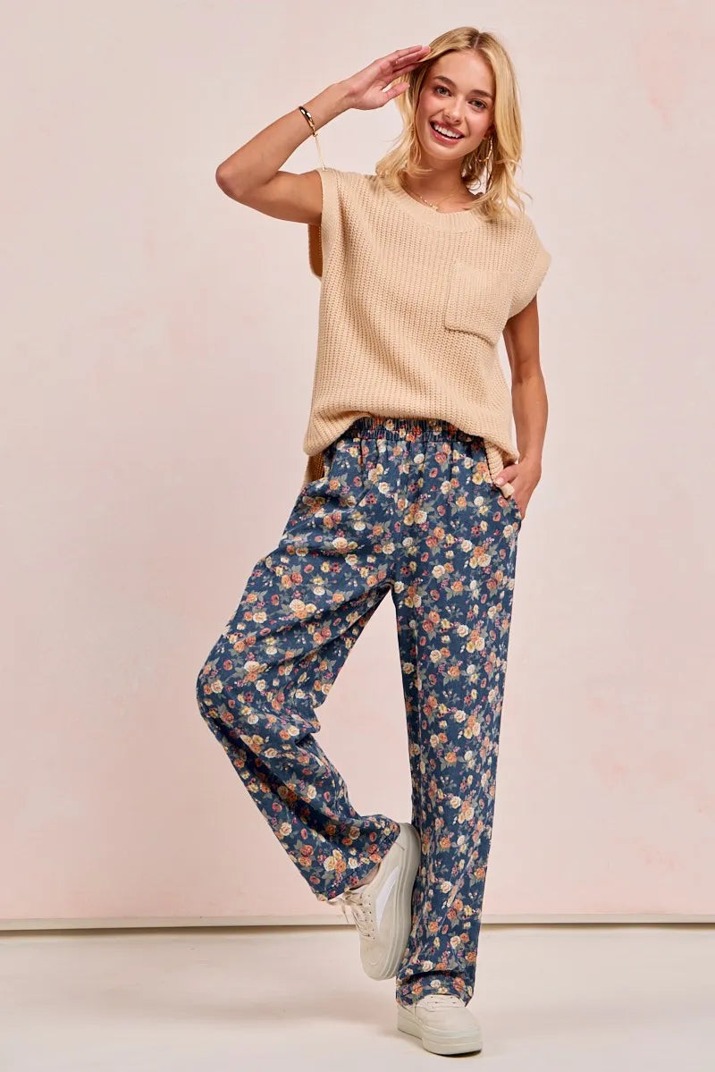 Vintage Bohemian Floral Wide-Leg Denim Jeans