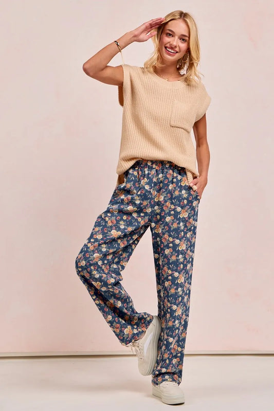 Vintage Bohemian Floral Wide-Leg Denim Jeans