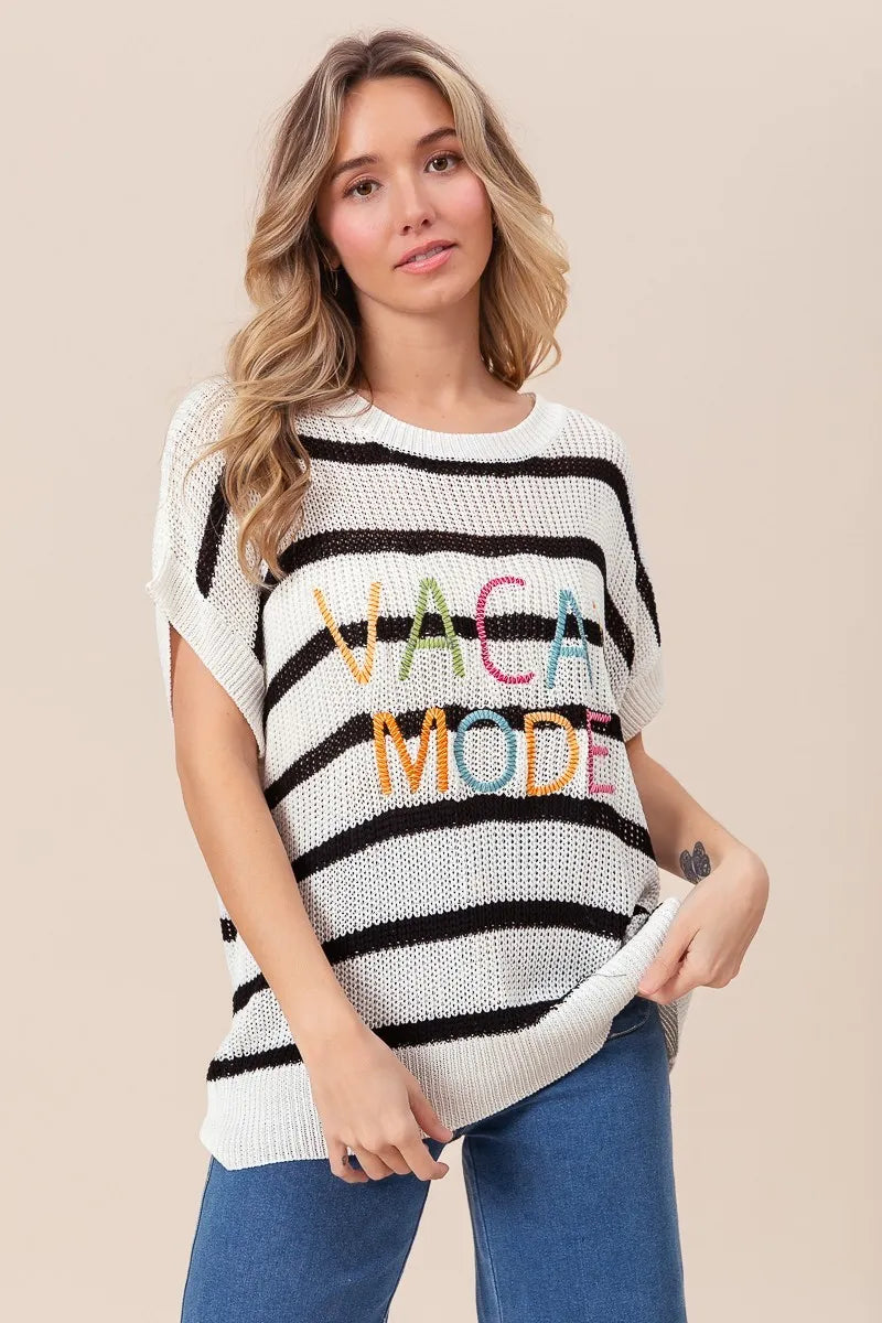 Vacay Mode Lettering Drop Shoulder Striped Sweater