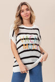 Vacay Mode Lettering Drop Shoulder Striped Sweater