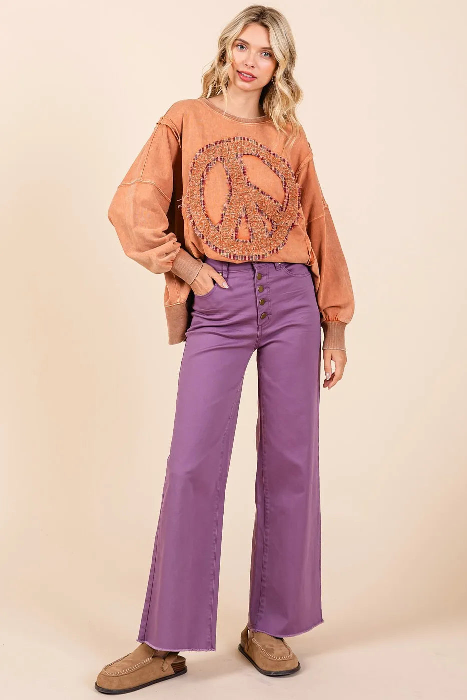 Twill High Waisted Button Fly Wide Leg Pants