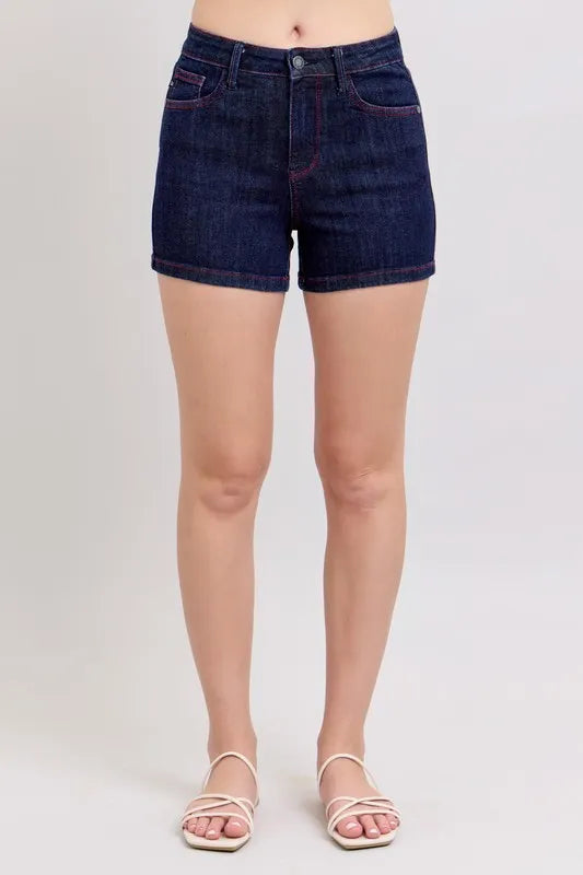 High Waist Heart Shaped Pkts & Red Contrast Thread Denim Shorts