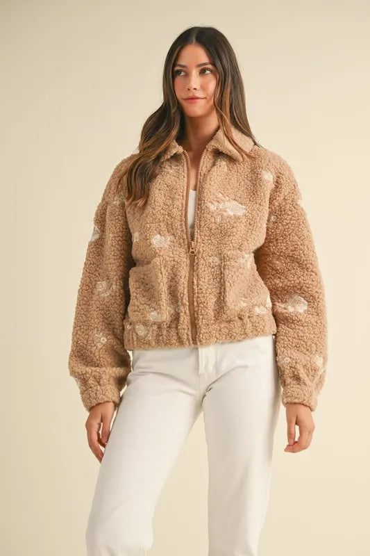 Floral Embroidered Fleece Teddy Jacket