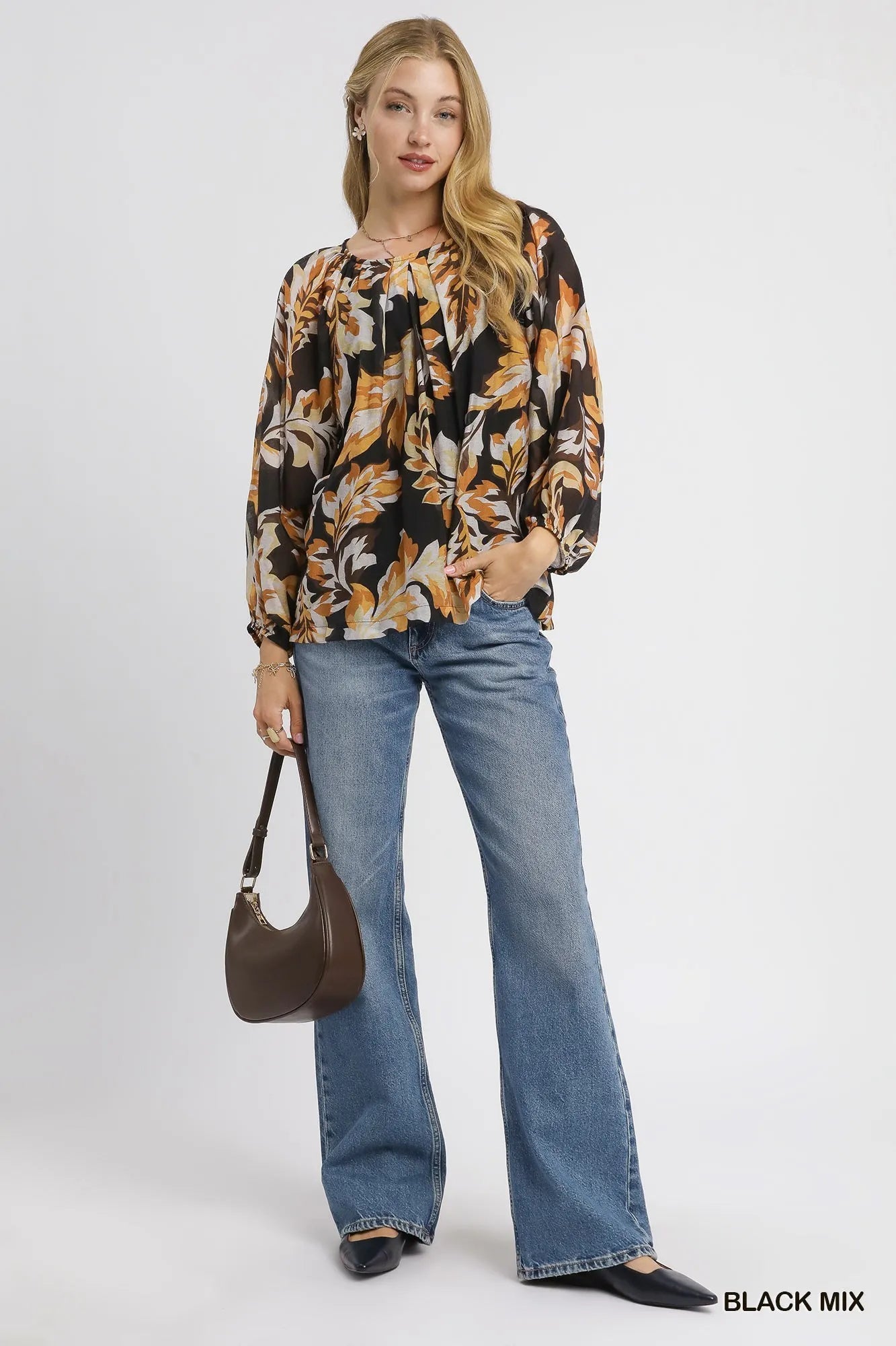 Nature-Inspired Balloon Sleeve Chiffon Blouse