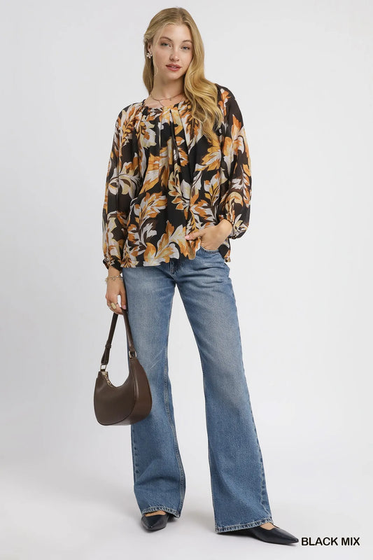 Nature-Inspired Balloon Sleeve Chiffon Blouse
