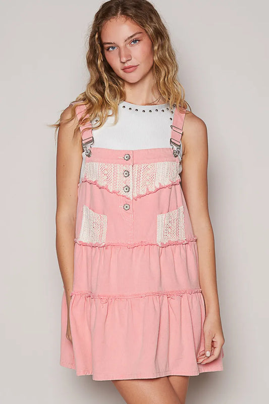 Lace Accent Tiered Denim Pinafore Dress