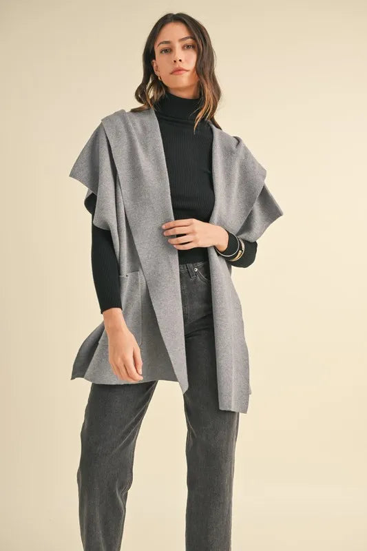 Knit Open Front Hooded Cardigan With Pocket