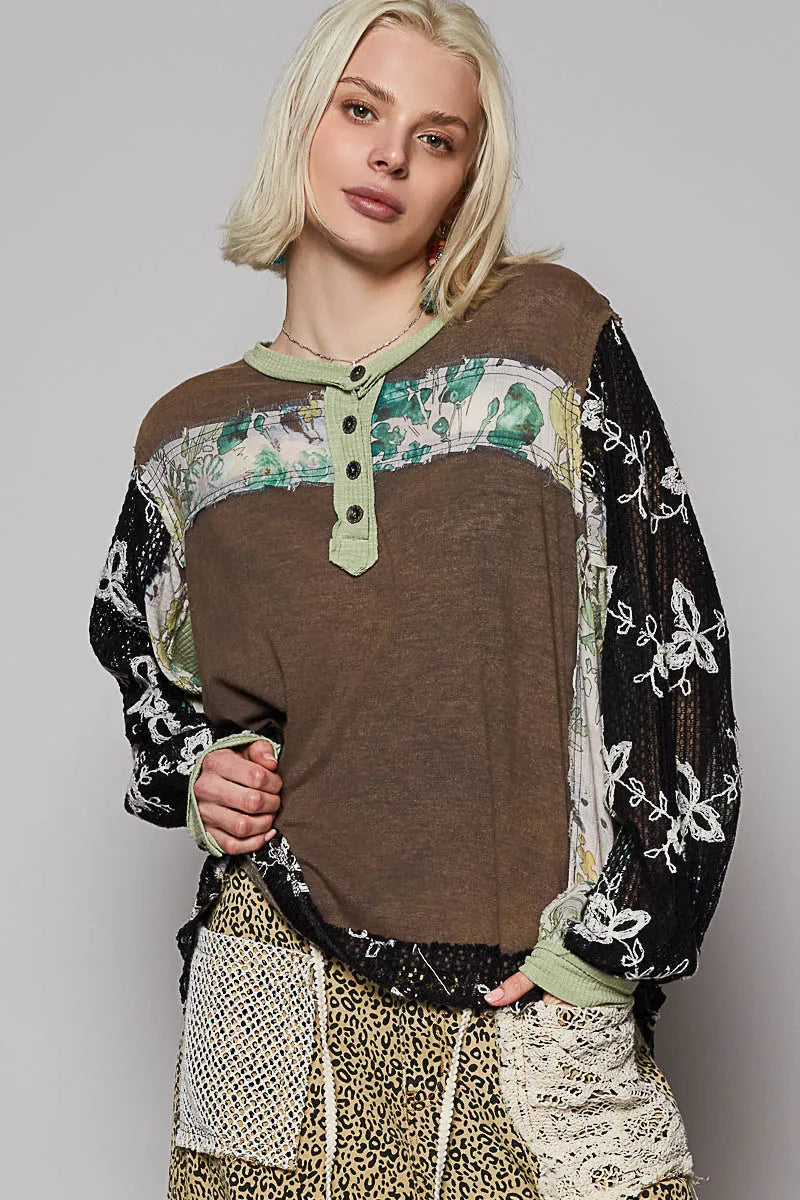 Crochet Sleeve Artistic Patchwork Button Detail Blouse