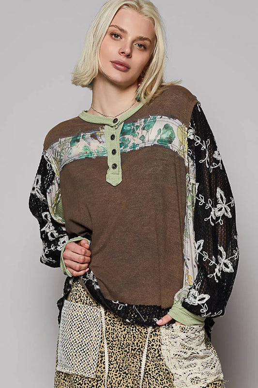 Crochet Sleeve Artistic Patchwork Button Detail Blouse
