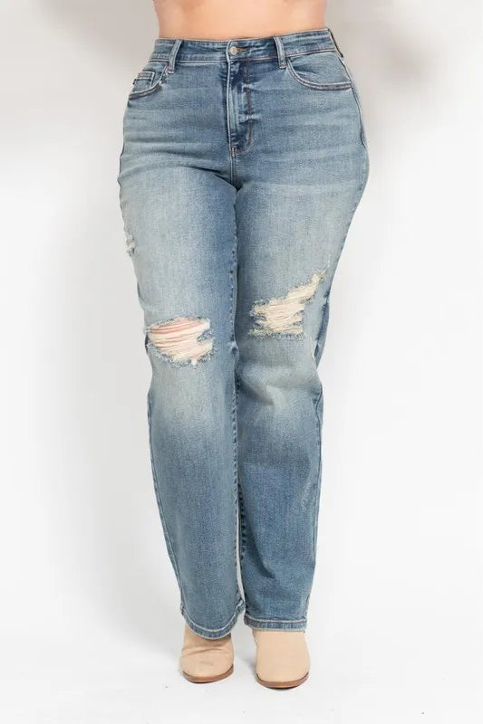 Full Size High Waist Distressed Dad Jean Plus Size