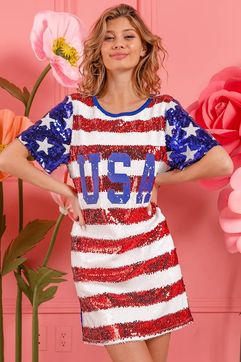 American Flag Theme Usa Print Sequin Dress