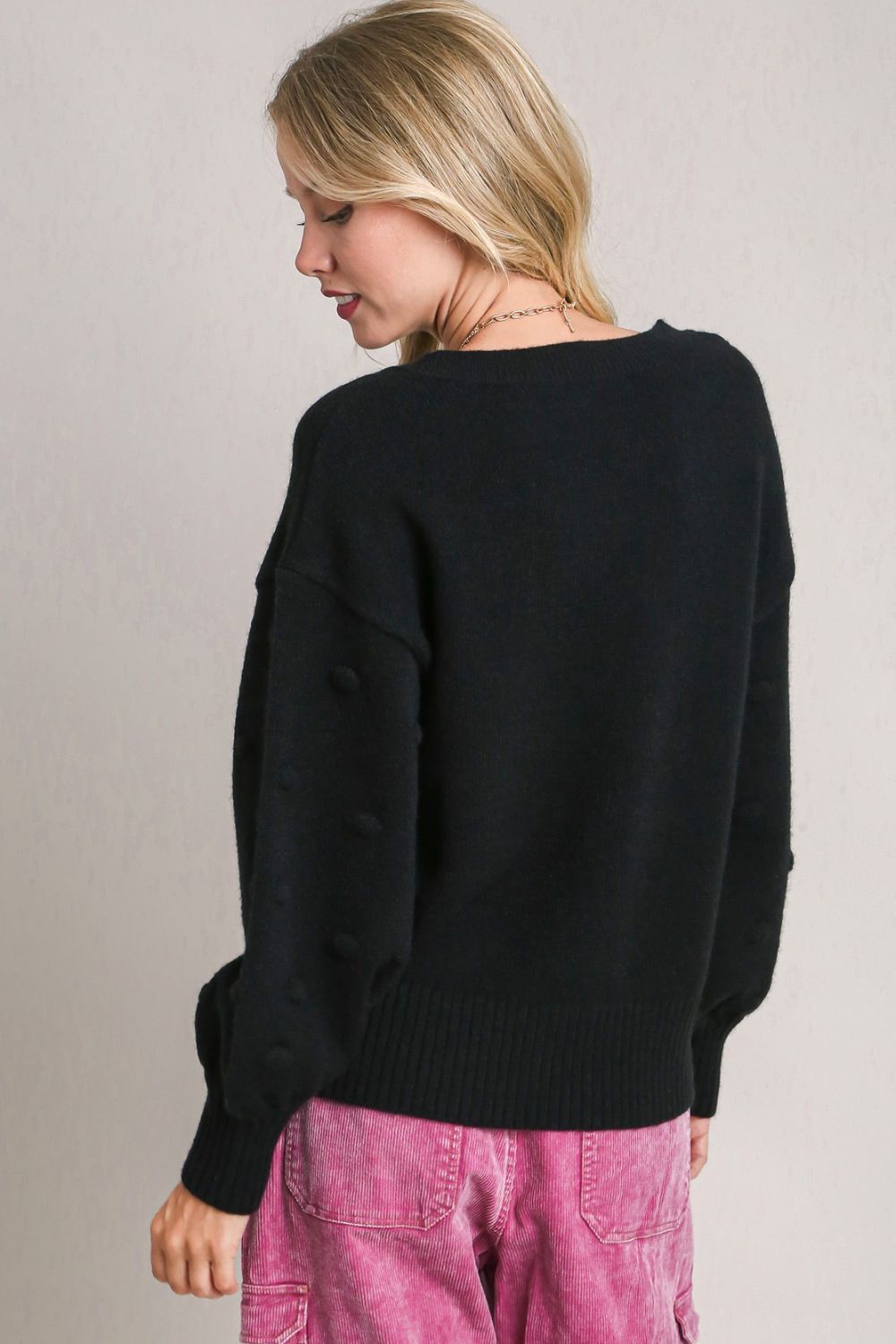 Full Size Pom Pom Knit Heart Front Round Neck Sweater Plus Size