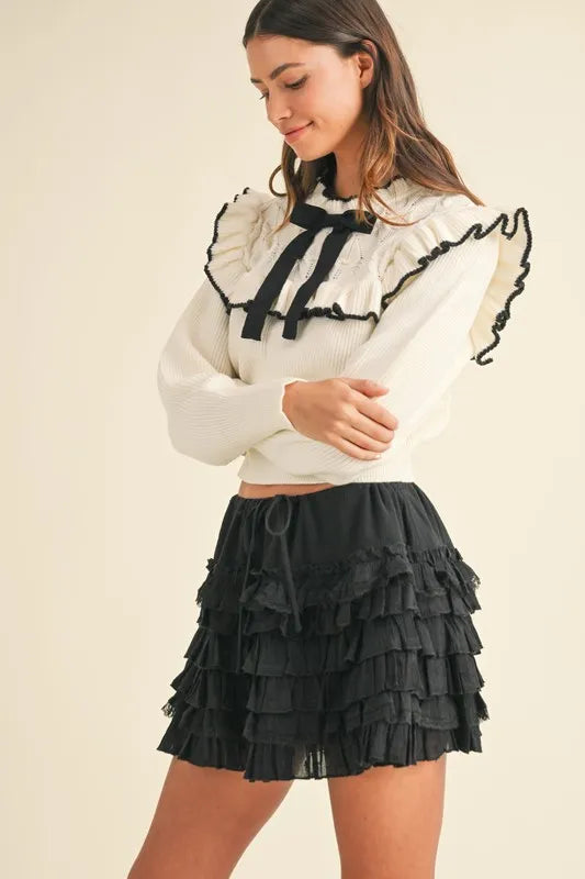 Ruffle Detailed Cotton Gauze Tiered Mini Skirt