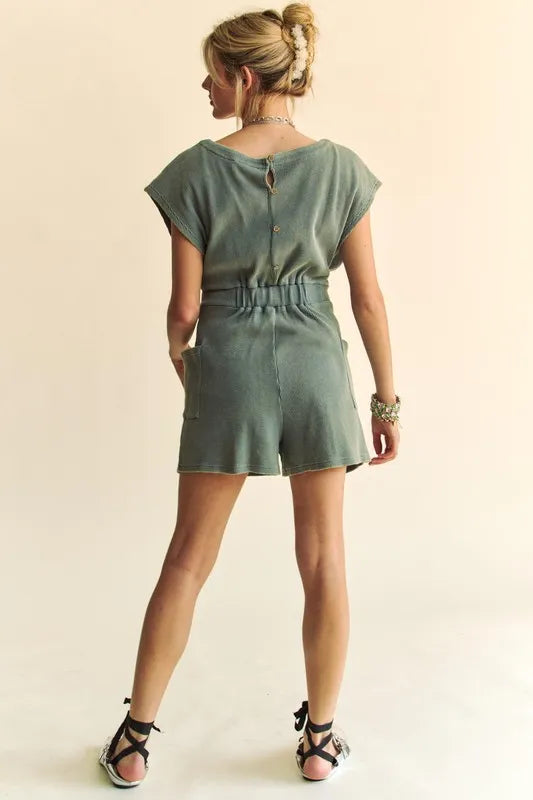 Acid-Washed Waffle Knit Cuffed Sleeves Romper