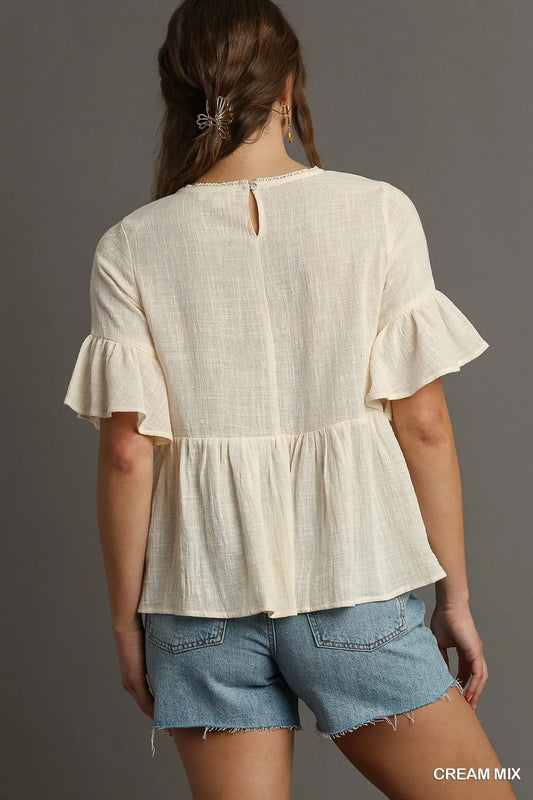 Lace-Embellished Half Sleeve Babydoll Top