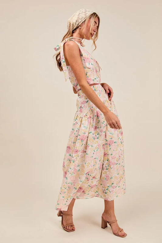 Floral Patterned Crop Top and Maxi Skirt Ensemble